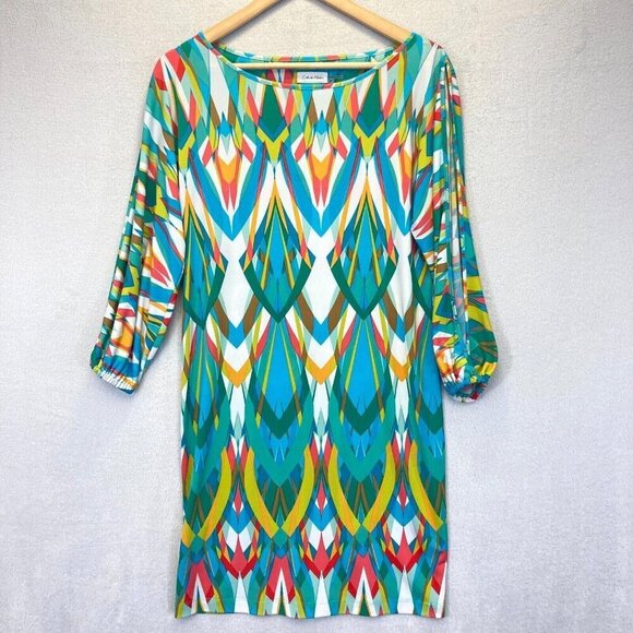 Calvin Klein Colorful 3/4 Split Sleeve Sheath Dress Women's 6 Multicolor Office - Picture 1 of 11